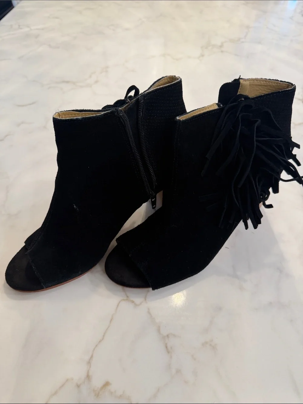 Kensie Black Suede Peep-Toe Fringe Ankle Booties